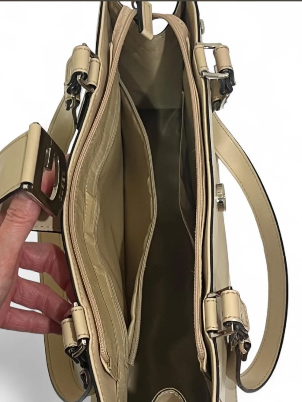 Guess Beige Patent Leather Satchel with Silver Hardware